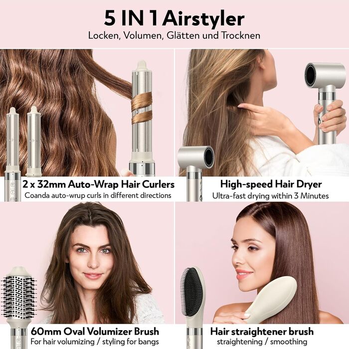 Slopehill Airstyler 5 в 1: Іонський фен, мультистайлер, автоматична плойка, щітка-фен, випрямляч для волосся (Champagne Gold)