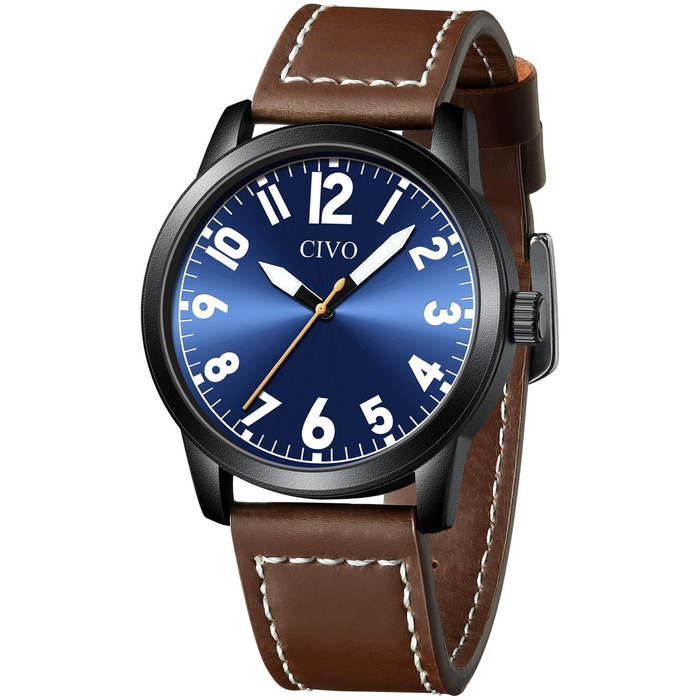 Годинник чоловічий CIVO з великими цифрами: аналоговий класичний годинник на зап'ясті з великими цифрами - водонепроникний кварцовий годинник у стилі мілітарі для чоловіків з підсвічуванням - подарунок для чоловіків, людей похилого віку з поганим зором, коричневий A1