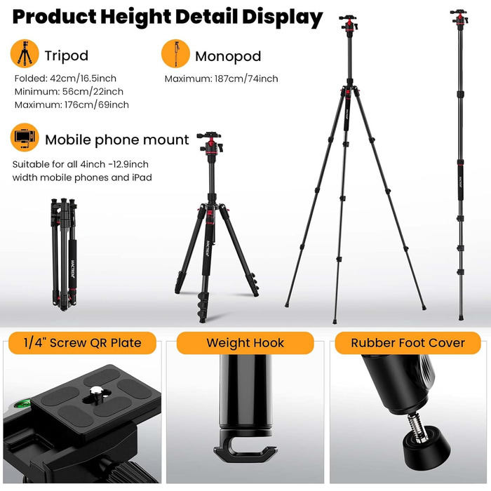 Штатив MACTREM 187 см (74 дюйми) з кульковою головкою 360° - штатив для камери, смартфона, iPad, Canon, Nikon, Sony, телескопа, лазерного рівня