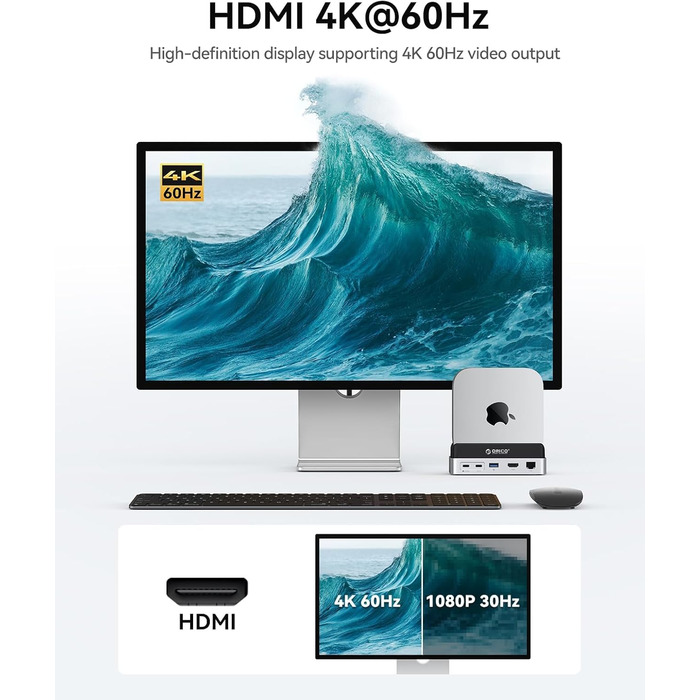 ORICO MiniDock VS10: Док-станція та підставка для Mac mini M4/M4 Pro з корпусом для NVMe SSD, хаб USB-C з 4K HDMI, DisplayPort, SD/TF 3.0, USB-C/A 10Gbps, PD 100W, 10-в-1, DIY