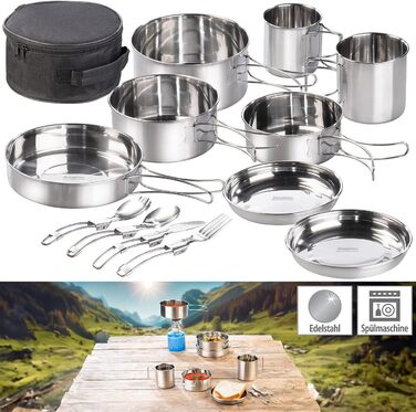 Набір для кемпінгу Semptec Urban Survival Technology: 12-ти частинний набір посуду з нержавіючої сталі з посудом, столовими приборами та сумкою (каструлі, набір посуду, газовий набір для кемпінгу)