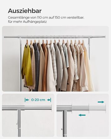SONGMICS Clothes Rack with Wheels, Garment Rack, Heavy-Duty, Extendable Clothes Rod, Holds up to 130 kg, 45 x (110-150) x 162.9 cm, Metal, Chrome, Silver HSR11S