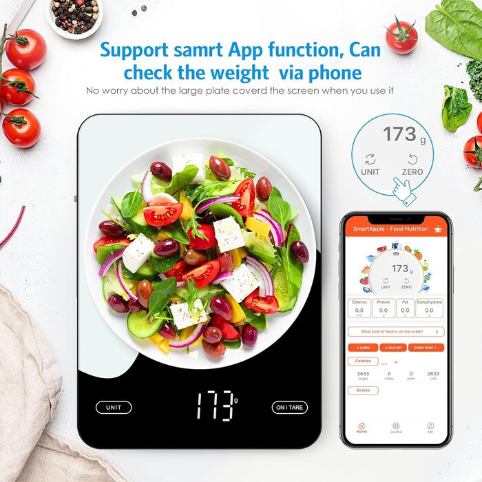 Brifit Kitchen Scale with App - 10kg/1g Digital Food Scale with Calorie Counter, LED Display, Tare Function, USB Rechargeable