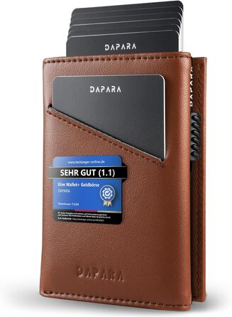 Чоловічий шкіряний гаманець Leder: тонкий, з відділенням для монет та RFID-захистом, вміщує 12 карт, колір коньяк