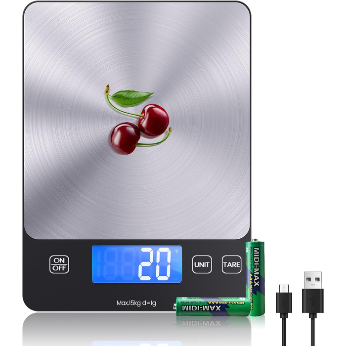Кухонні ваги електронні, 15 кг, точність 1 г, USB-C, харчові, професійні, сріблясті