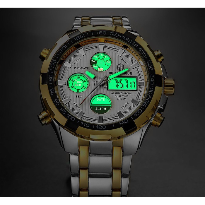 Чоловічий годинник-хронограф з нержавіючої сталі, водонепроникний, з датою та будильником, аналогово-цифровий дисплей (золотий колір)