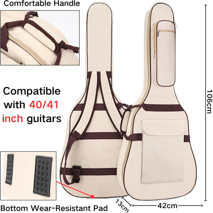 Водонепроникний кейс для гітари SUQ Oxford, 40/41 дюймів, з принтом музичних нот, нейлон, Gigbag, для електро-, акустичної та концертної гітари, ударостійкий, 8 мм підкладка, водонепроникний (бежевий)