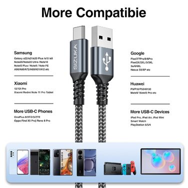 Кабель USB-C 3 шт. (2M) - швидка зарядка, сумісний з Samsung Galaxy S22, S21, S20, S10, S9, S8, Note 10, 9, 8, A71, A53, A33, A20 та інші