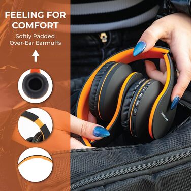 PowerLocus Бездротові навушники Over-Ear з Bluetooth, Hi-Fi стерео, FM радіо, Micro SD/TF, мікрофоном та зручними амбушюрами (Чорний/Помаранчевий)