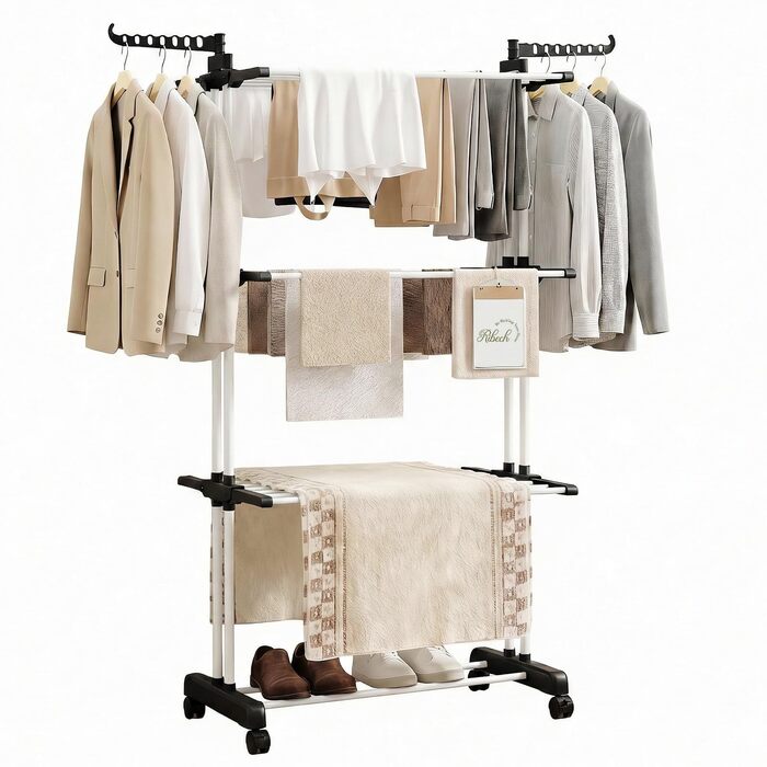 Сушарка для білизни Tower з колесами | 4-ярусна сушарка з нержавіючої сталі з 6 відкидними крилами та 2 боковими сторонами | 76x50x172 см | Компактна, складна для балкона, ванної кімнати та саду | Чорний