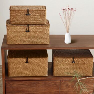 Woven Rattan Storage Basket, Storage Box with Lid, Seagrass, Laundry Baskets, Makeup Organizer for Bathroom, Living Room, Kitchen (XL)