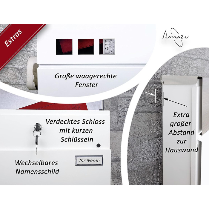 Поштовий ящик з нержавіючої сталі з оглядовим вікном та табличкою для імені, з відділенням для газет, замком (2 ключі), настінний, RAL 7016 (сірий), великий (XXL), білий