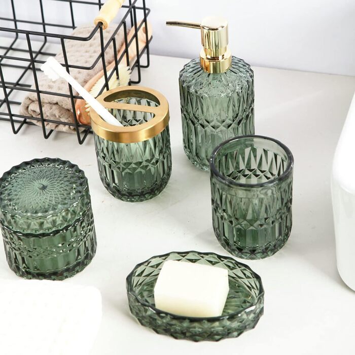Bathroom Set, 5-Piece Glass Bathroom Accessory Sets including Lotion Dispenser, Soap Dish, Toothbrush Holder, Cup, Cotton Swabs, Modern Bathroom Decoration, Vintage Gift, Bathroom Decor Set (Green)