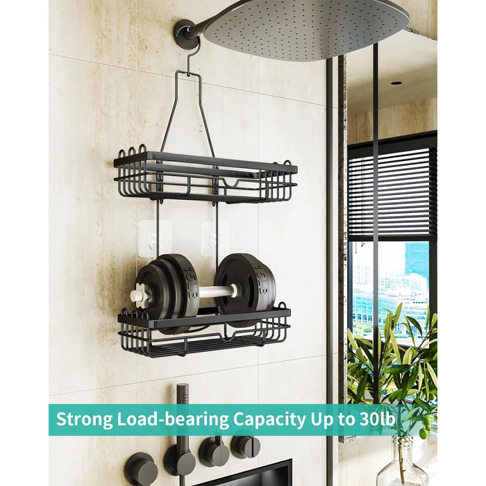 HapiRm Shower Shelf for Hanging with Razor Holder & Soap Holder, Hanging Shower Shelf with Multiple Hooks - High-Quality Hanging Shower Basket Stainless Steel No Drilling, Black