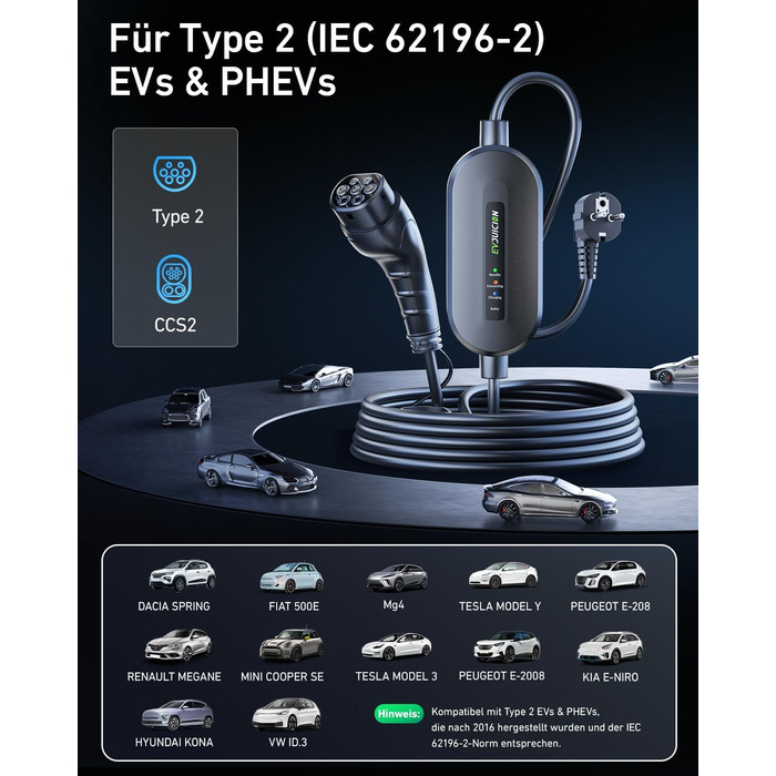 Кабель для зарядки електромобіля Evjuicion Typ 2 Schuko, 3.68kW, 6м, 16A, з індикатором, IP67, для ID.3/4, X1, 5ER, Model Y/3 та інших електромобілів