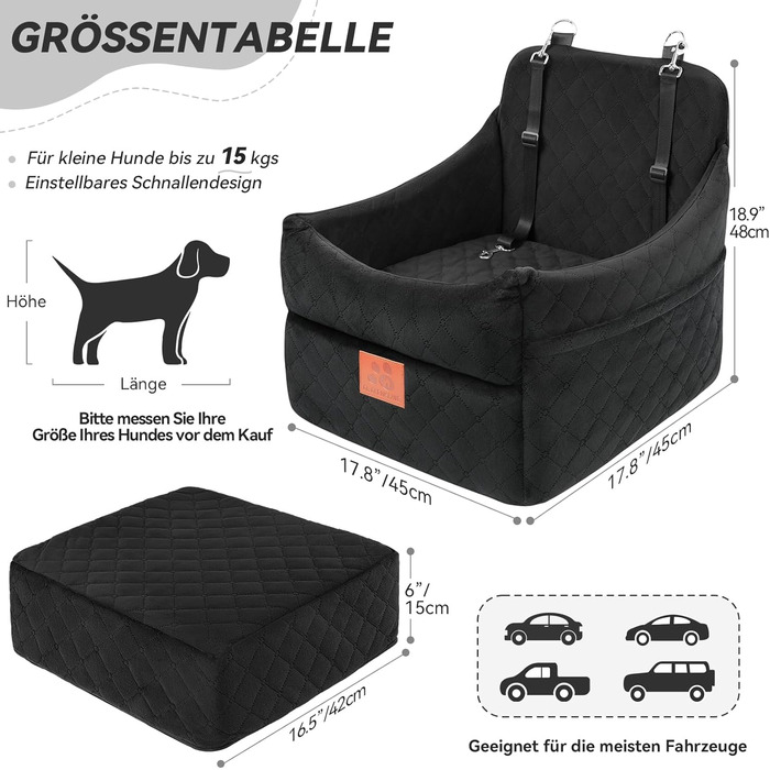 Автокрісло для собак GL GLENSLAVE: комфортне та безпечне автокрісло для маленьких та середніх собак (до 16 кг), чорний/коричневий, знімний, з товстою підкладкою