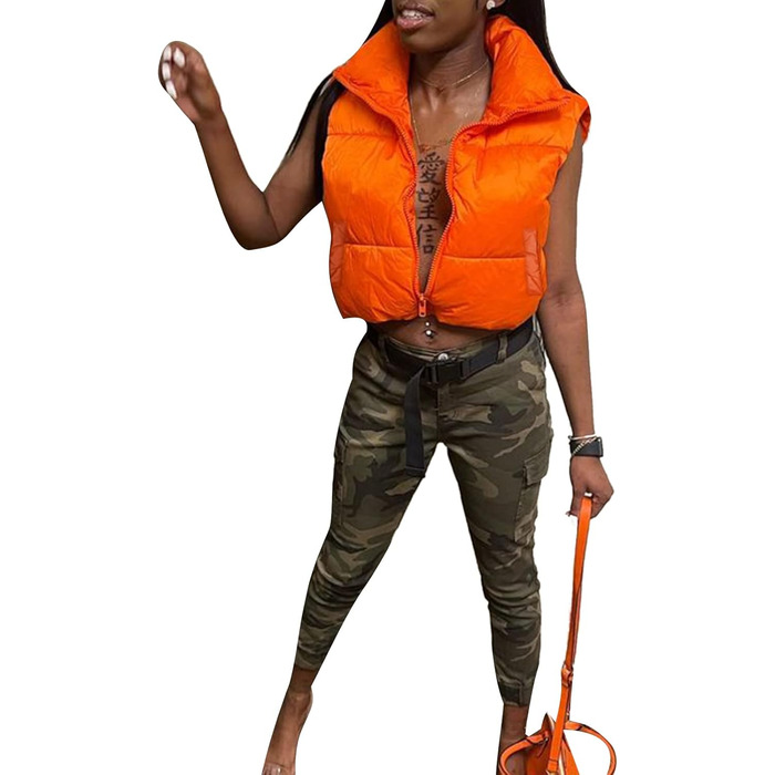 Жіноча легка куртка-пуховик Geagodelia з короткими рукавами, тепла, елегантна, на блискавці, для вулиці, зима/осінь, чорна (S, помаранчевий з кишенями)