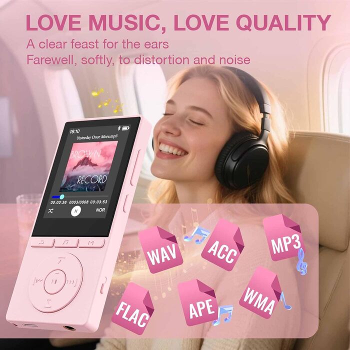MP3 плеєр 64GB Bluetooth 5.3 з динаміком, HiFi звук, запис голосу, E-book, рожевий. Підтримка TF карти 128GB для спорту