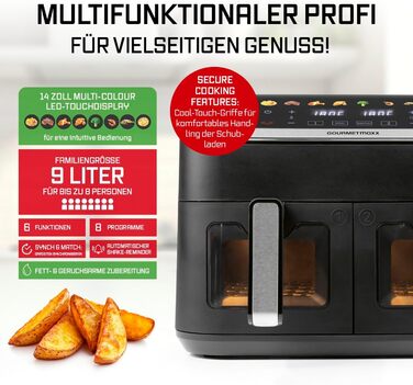 Фритюрниця повітряна Gourmetmaxx AirGenius 9 л з 2 відсіками | 8 програм | Мульти-кухня для 8 осіб | Сенсорний дисплей
