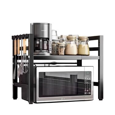 Регульована полиця для мікрохвильової печі та духовки. Організатор для кухні зі сталевими аксесуарами (35–60 см)