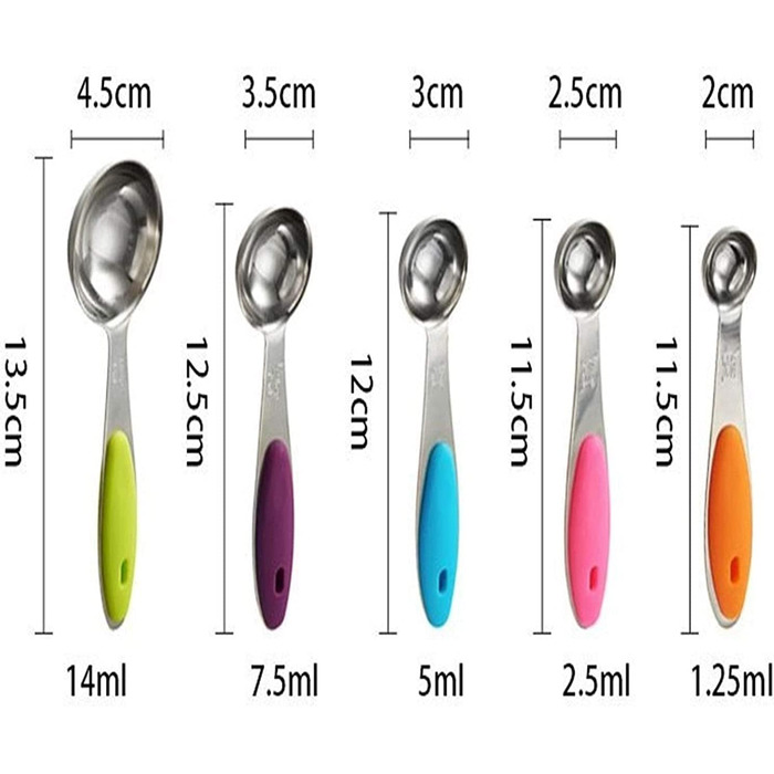 Measuring spoons, stainless steel, silicone handle, spoon, measuring spoon, measuring cup set, baking scale, measuring and spice spoons, measuring spoon set (multicolored, 10 pieces) (multicolored measuring spoons, 5 pieces)