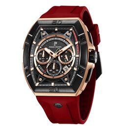 Чоловічий годинник-хронограф на кварцовому механізмі з японським годинниковим механізмом, 5ATM, корпус з нержавіючої сталі, тонка форма корпусу (Tonneau), силіконовий ремінець (рожево-червоний)