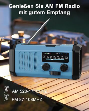 Сонячне радіо з ручним приводом, динамо, екстрене радіо AM/FM з ліхтариком, SOS, компас для дому та відпочинку на природі, USB-зарядка, 48100mAh, блакитне