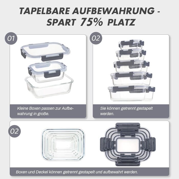 Набір контейнерів для зберігання їжі з боросилікатного скла з кришкою, BPA-free, герметичні, для мікрохвильової печі, духовка, посудомийна машина – контейнери для Meal Prep для кухні, офісу (SA101)
