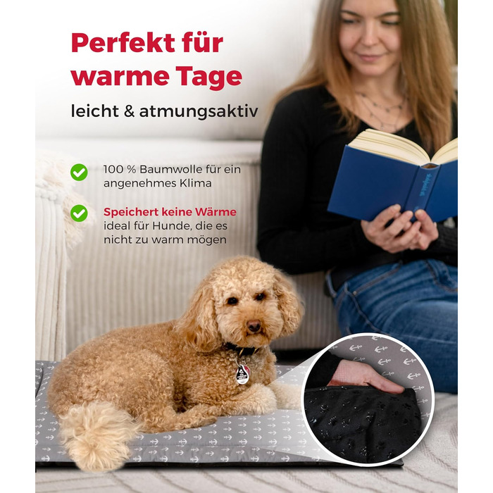 Літня подушка для собак HS-Hundebett® з бавовни з наповнювачем та антиковзким покриттям XS – М'яка подушка для собак на літо – Пральна та довговічна – Легка літня подушка для собак – Виготовлено в Німеччині (Сірий колір, 65x95 см)
