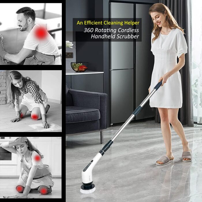 Electric Cleaning Brush, FARI Shower Cleaning Brush with 8 Interchangeable Drill Brush Heads, Cordless Scrubber with Adjustable Handle, Bathroom and Shower Cleaner