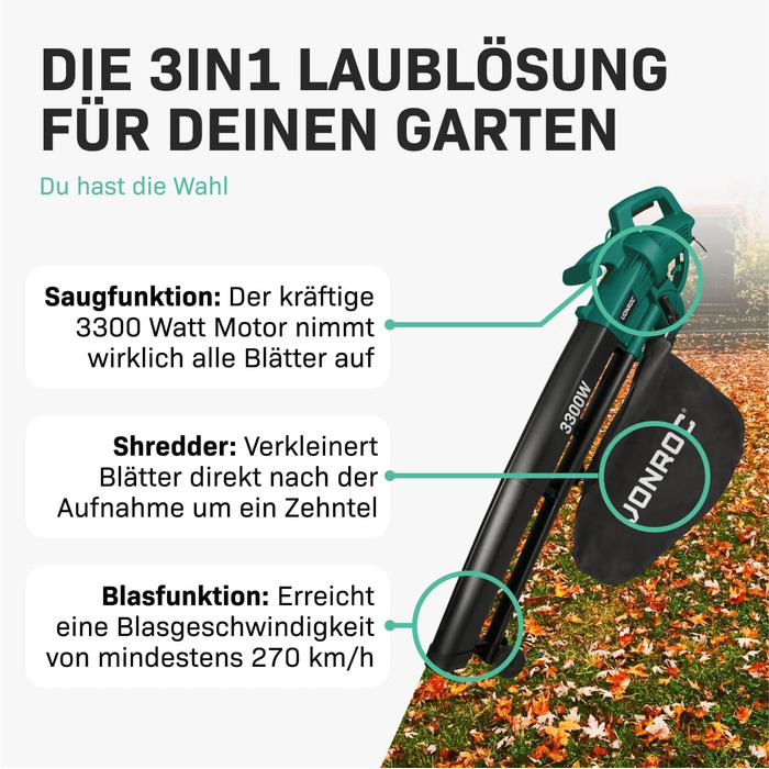 VONROC Electric Leaf Blower 3300W - 3-in-1 Leaf Collector Function - Blow 270km/h, Vacuum, Shred - Includes 40L Collection Bag