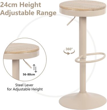 YOUNIKE Adjustable Bar Stools 2-Pack - Wooden Swivel Counter Height Chairs with Footrest for Kitchen & Bar (Vintage, Khaki)