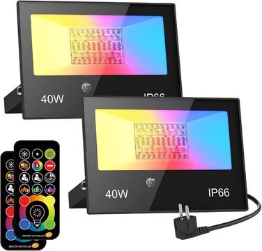 RGB LED Spotlight Outdoor 40W Floodlight with Remote Control, 120 Colors 5 Modes Color Changing Floodlight LED Indoor, 4000LM Cold White IP66 Waterproof Outdoor Spotlight for Garden, Backyard, Garage, Hallway - 2/Set