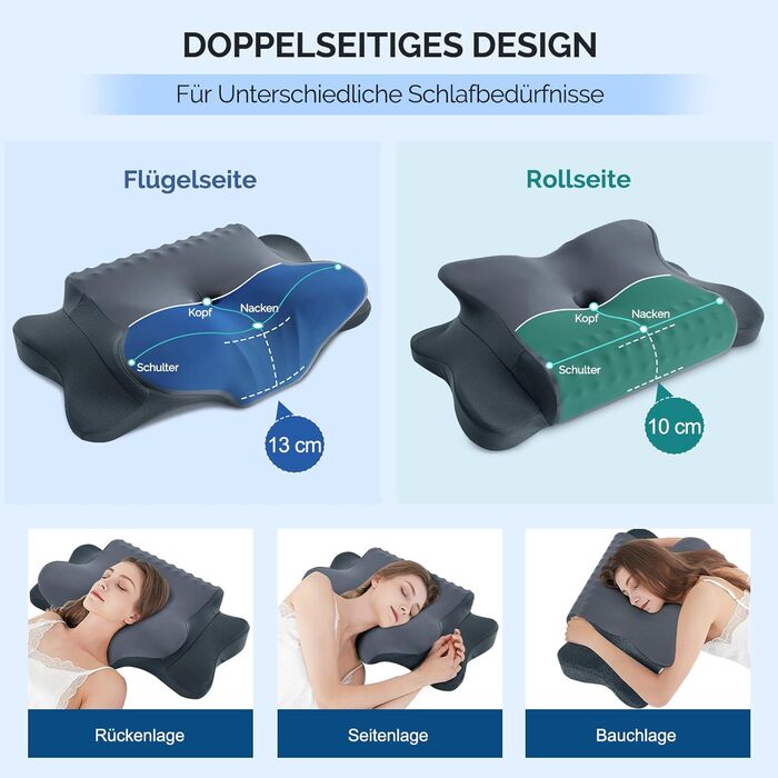 Подушка для шиї FAIORD, подушка з піною з пам'яті, ергономічна подушка для сну, подушка для підтримки шиї для тих, хто спить на боці, спині та животі, темно-сіра, 64 x 39 x 13 см