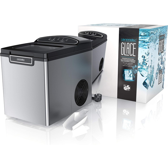 Stainless steel ice maker, ice cube maker, ice maker machine 1.8 Liter ice cube maker, ice cream machine with cooling, ice cube sizes small and large, status LEDs, ABS, BPA free, silver stainless steel