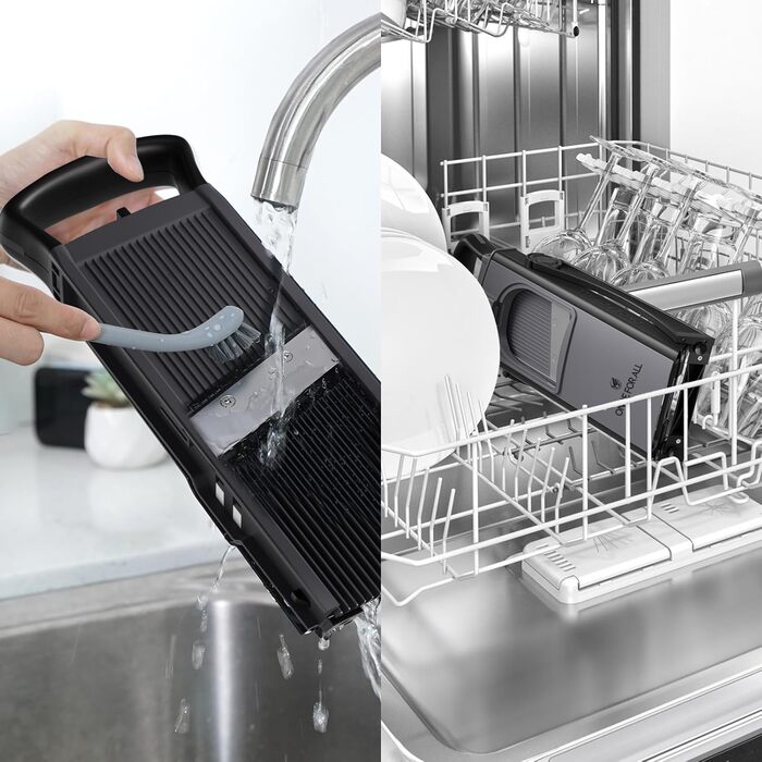 Мандоліна-слайсер ONCE FOR ALL Upgrade: безпечний, великого розміру, з регульованою насадкою для овочів та продуктів, для нарізки картоплі фрі, знімні леза (чорний/сірий)