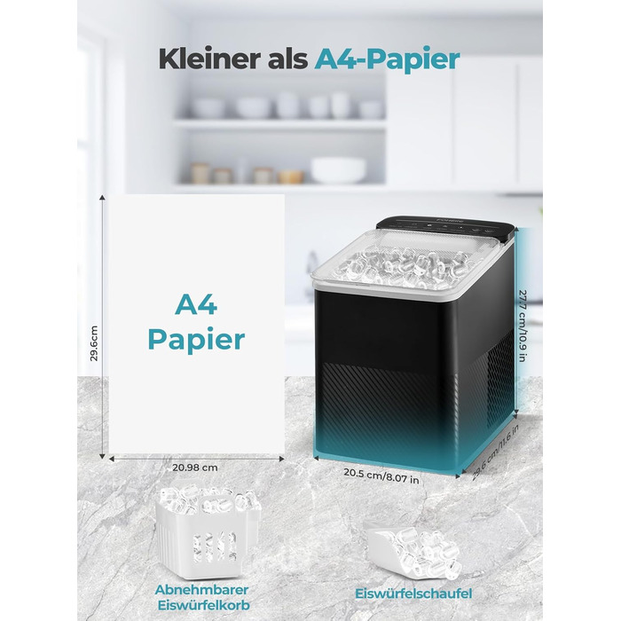 Машина для льоду FOHERE портативна, самоочисна, 14 кг/24 год, 2 розміри, компактний дизайн, керування однією кнопкою, інтелектуальні сповіщення, з лопаткою та кошиком для дому/бару/офісу/кемпінгу (чорний)