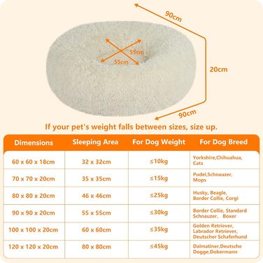 Ортопедичне ліжко для собак круглої форми, м'яке собаче ліжко, диван для котів та собак, ліжко-донат, зручний собачий кошик, можна прати, діаметр 70 см, (Д 90 x Ш 90 x В 20 см, Бежевий)