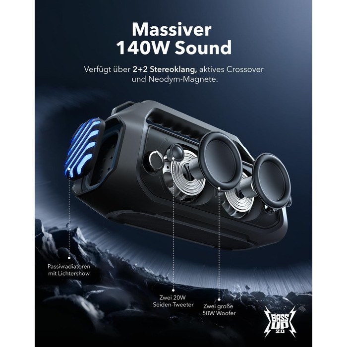 Soundcore Boom 2 Plus: Портативна Bluetooth колонка з RGB-підсвічуванням, 140W, IPX7, Power Bank, чорний