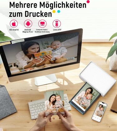 Портативний фотодрук для смартфонів Liene (10x15 см) + 2 пачки фотопаперу (20+80 аркушів), WiFi, сумісний з iPhone/Android/PC, 300 DPI, кольорова сублімація, білий