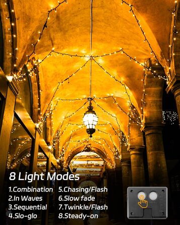 Сонячна гірлянда для зовнішнього використання, 120 LED, холодне біле світло, 8 режимів, для саду, двору, тераси, весільної декорації (5м, тепле біле світло)