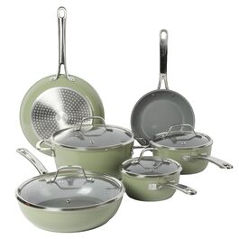 Набір посуду Sur La Table Kitchen Essentials 10 предметів: каструлі та сковороди з титано-керамічним антипригарним покриттям, індукція, зелений колір, без PFA