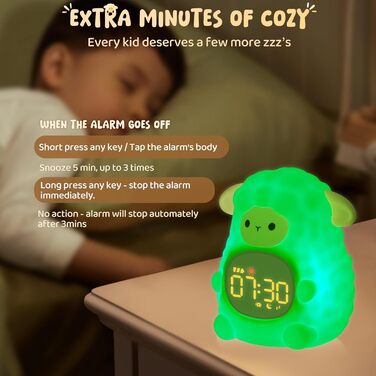 Alarm clock with night light for children, featuring sleep training and sound machine functions, rechargeable silicone wake-up lamp, cute animal table lamp, perfect sleep companion for boys and girls.