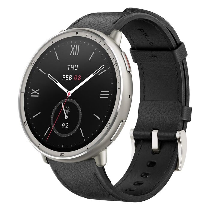 Смарт-годинник Amazfit Active 2 44мм: GPS, фітнес-трекер, 160+ режимів спорту, моніторинг сну, чорний шкіряний ремінець (Преміум)