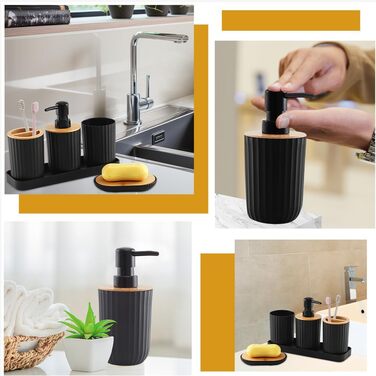 Чорний набір аксесуарів для ванної кімнати (5 шт.): мильниця, стакан, дозатор мила, тримач для зубних щіток, пластик