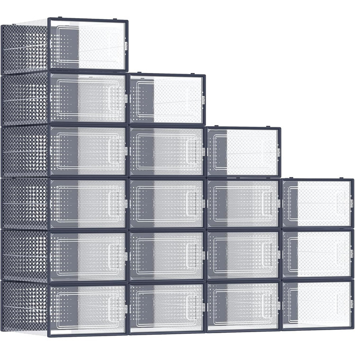 SONGMICS Shoe Boxes, 18-Piece Set, Plastic Shoe Organizer, Foldable and Stackable, for Shoes up to Size 44, Transparent-White LSP18SWT (Transparent + Anthracite Blue, 18-Piece Set for Shoes up to Size 44)