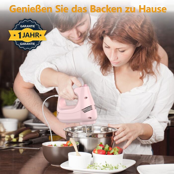 Електричний ручний міксер з нержавіючої сталі, вінчики та гаки для тіста, 5 швидкостей, Turbo Boost, для випічки, тортів, яєць та збивання (РОЖЕВИЙ)