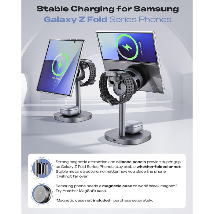 Бездротовий зарядний пристрій 3-в-1 Samsung 15W з охолодженням TEC, MagSafe для Galaxy S26 Ultra/S25/S24/Z Fold 7/Flip7, Watch Ultra/8/7, Buds4pro – Чорний
