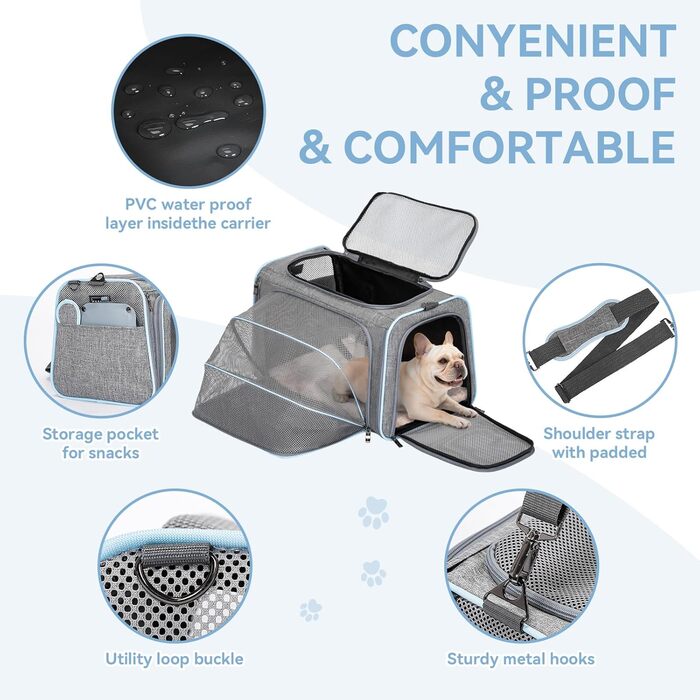 Транспортна сумка для кота Petsfit, зелена, S, двостороння (сіро-блакитна), розширювана, з підстилкою з флісу