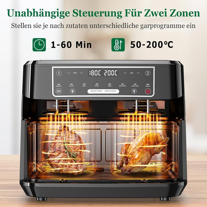 Аерофритюрниця подвійна 10л з оглядовим вікном Heißluftfritteuse 2600W, 8 в 1, сенсорне управління, до 200°C